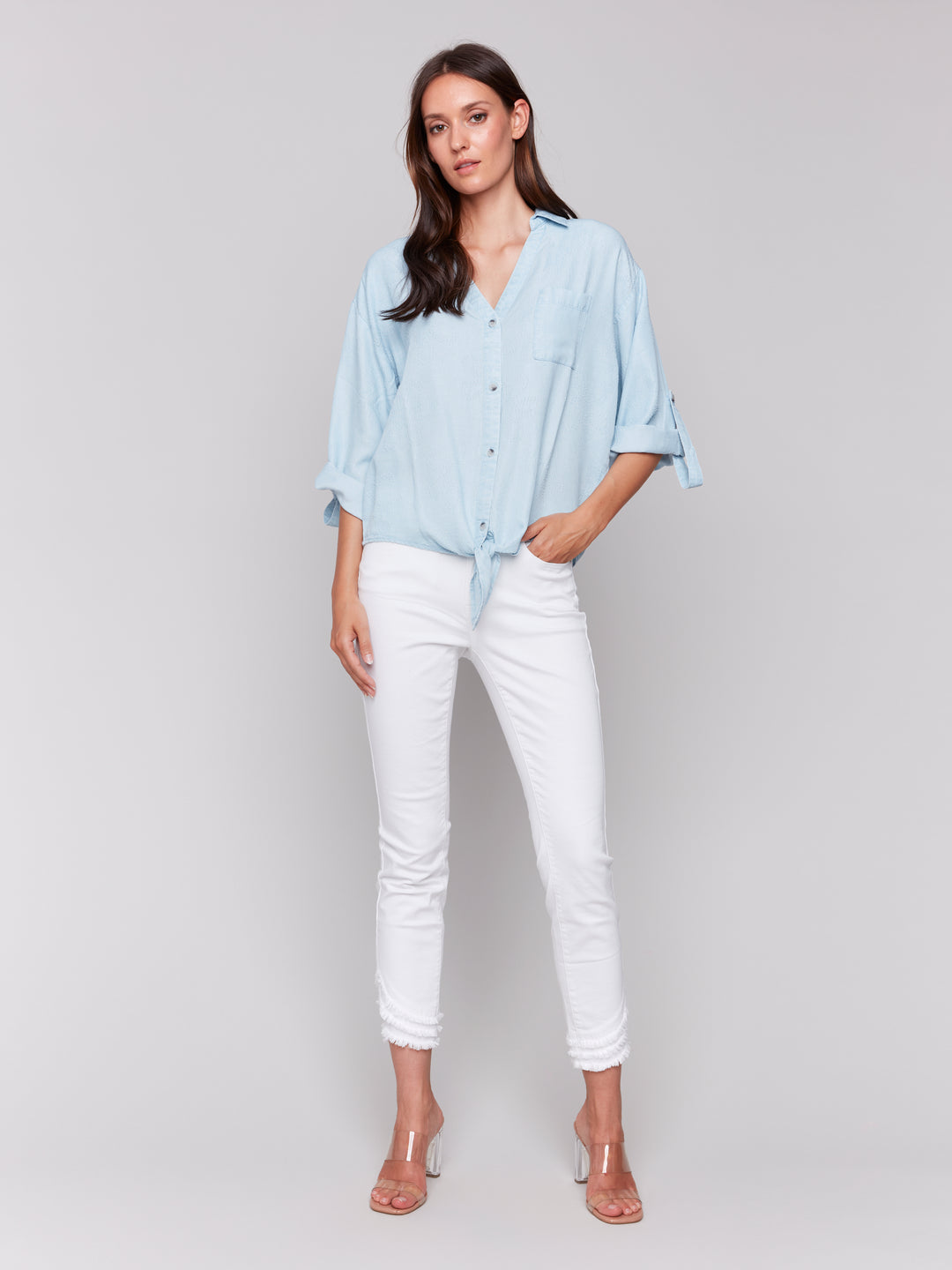 CHAMBRAY DAISY TEXTURE TIE FRONT BLOUSE