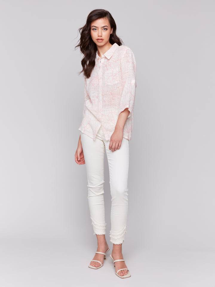 GUAVA OUTLINE FLORAL TAB SLEEVE BLOUSE