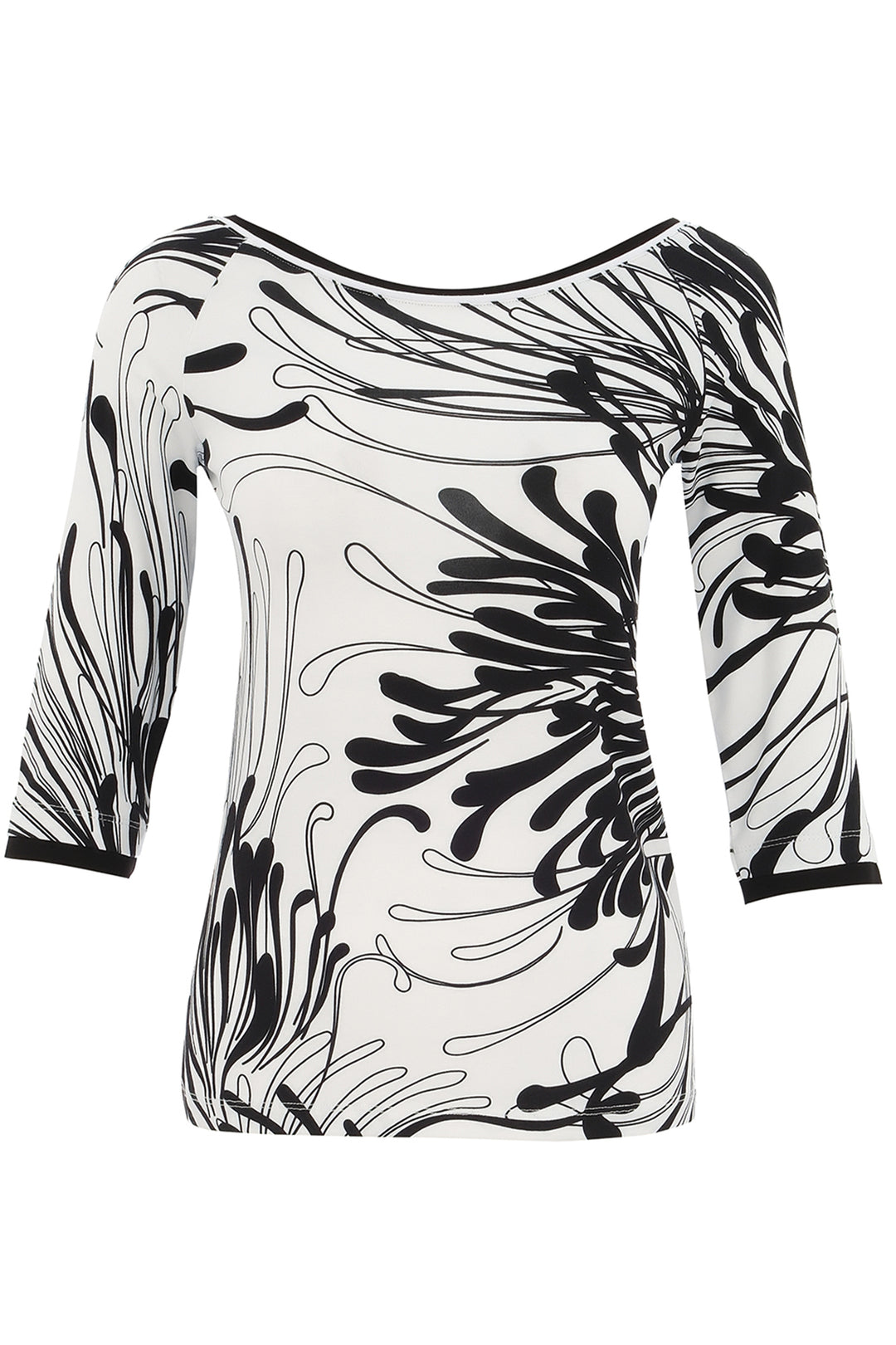 Dolcezza Spring 2025 The soft, comfortable fit and 3/4 length sleeves make it perfect for any occasion. The black and white abstract print adds a modern twist.