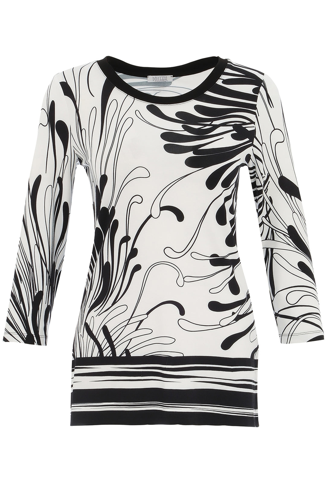 Dolcezza Spring 2025 Its abstract black and white print pairs perfectly with a skirt for a sophisticated look. The light sweater material and side slit cut provide comfort and style.