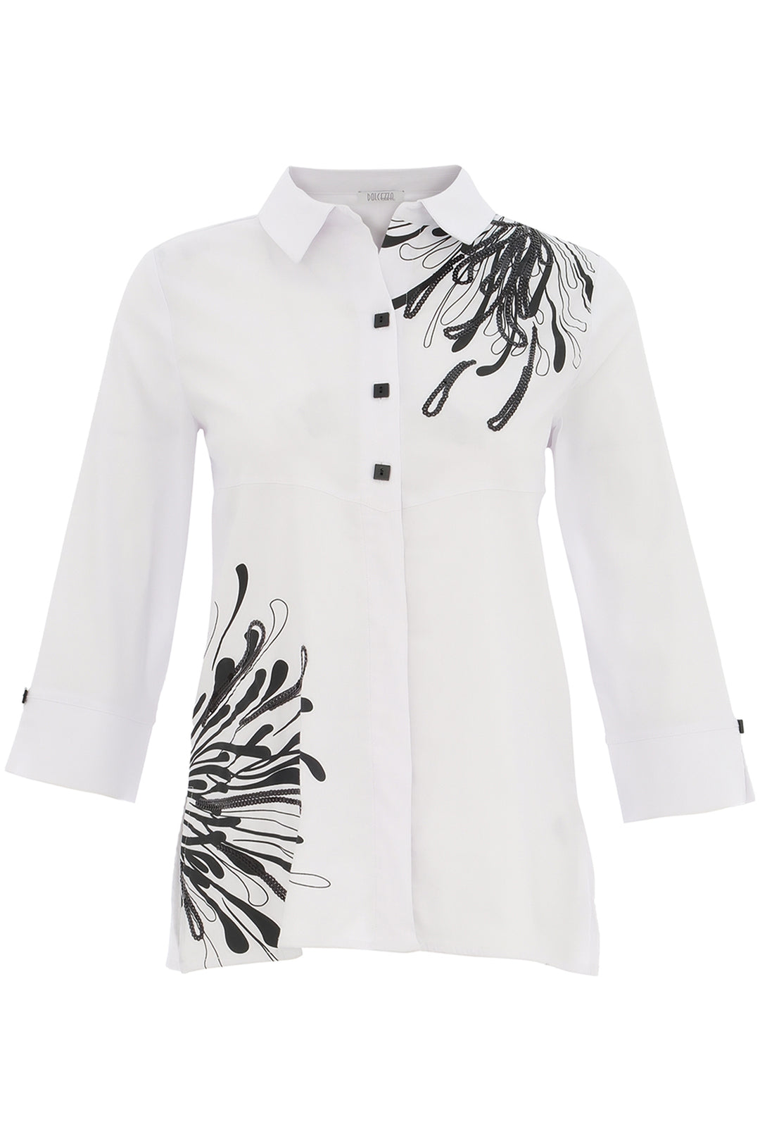 Dolcezza Spring 2025 Made with a light cotton blend, this blouse is perfect for a classy yet playful look. Featuring three square front buttons and 3/4 sleeves with square button cuffs, it's easy to dress up with dress pants or keep it more casual with black leggings or rock with denim.