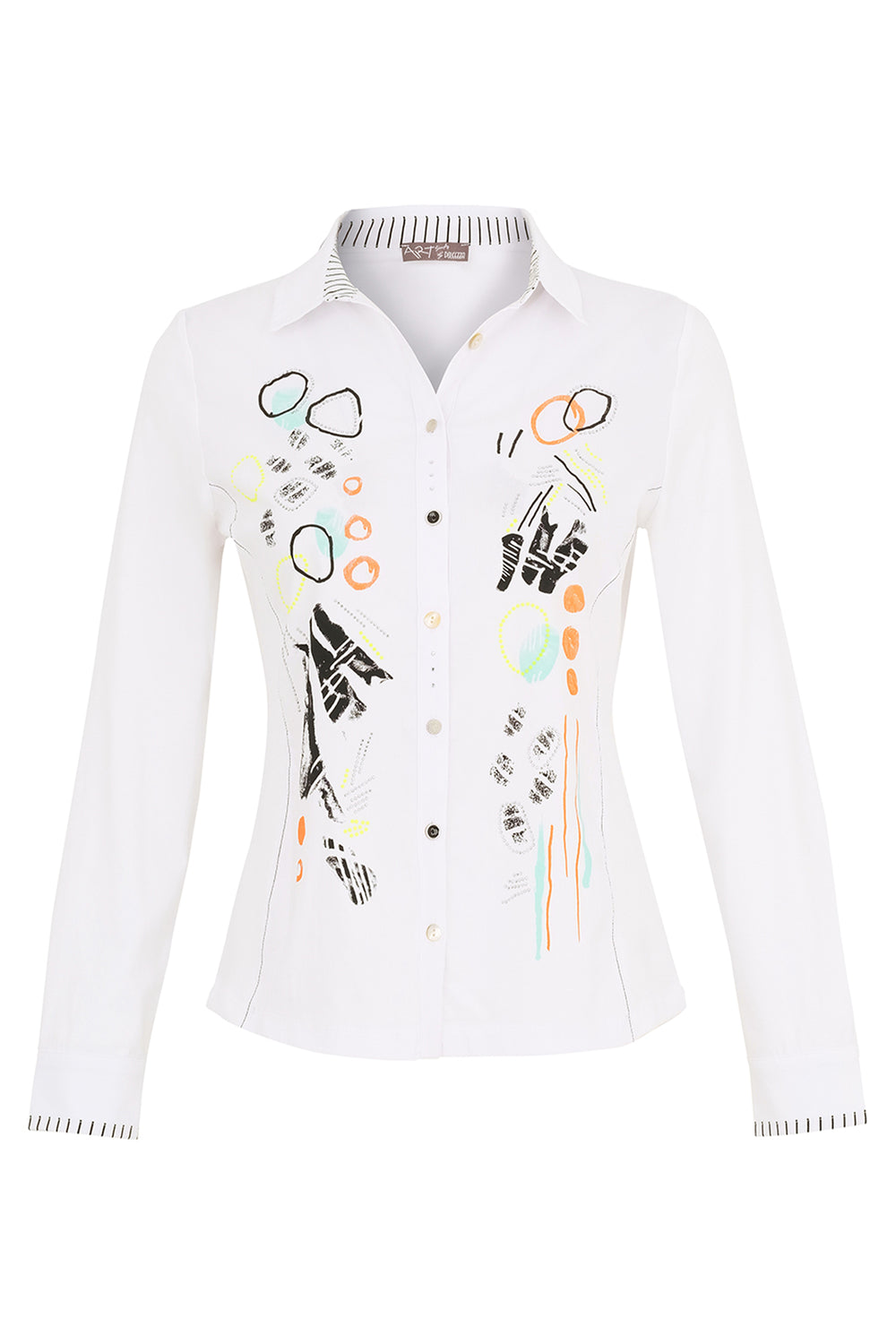 Docezza Spring 2025 This long sleeve blouse features a classic style, with a fun abstract print with lightweight and soft fabric and contrast front buttons.