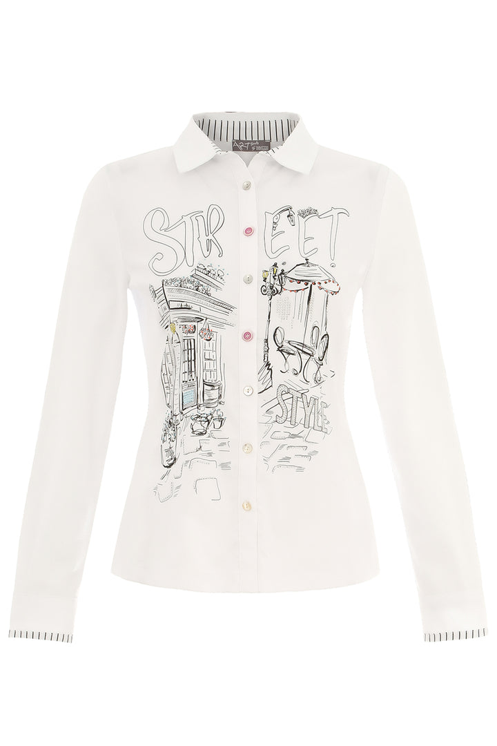 Dolcezza Spring 2025  This long sleeve blouse features a classic style, with a fun abstract print with lightweight and soft fabric and contrast front buttons. 