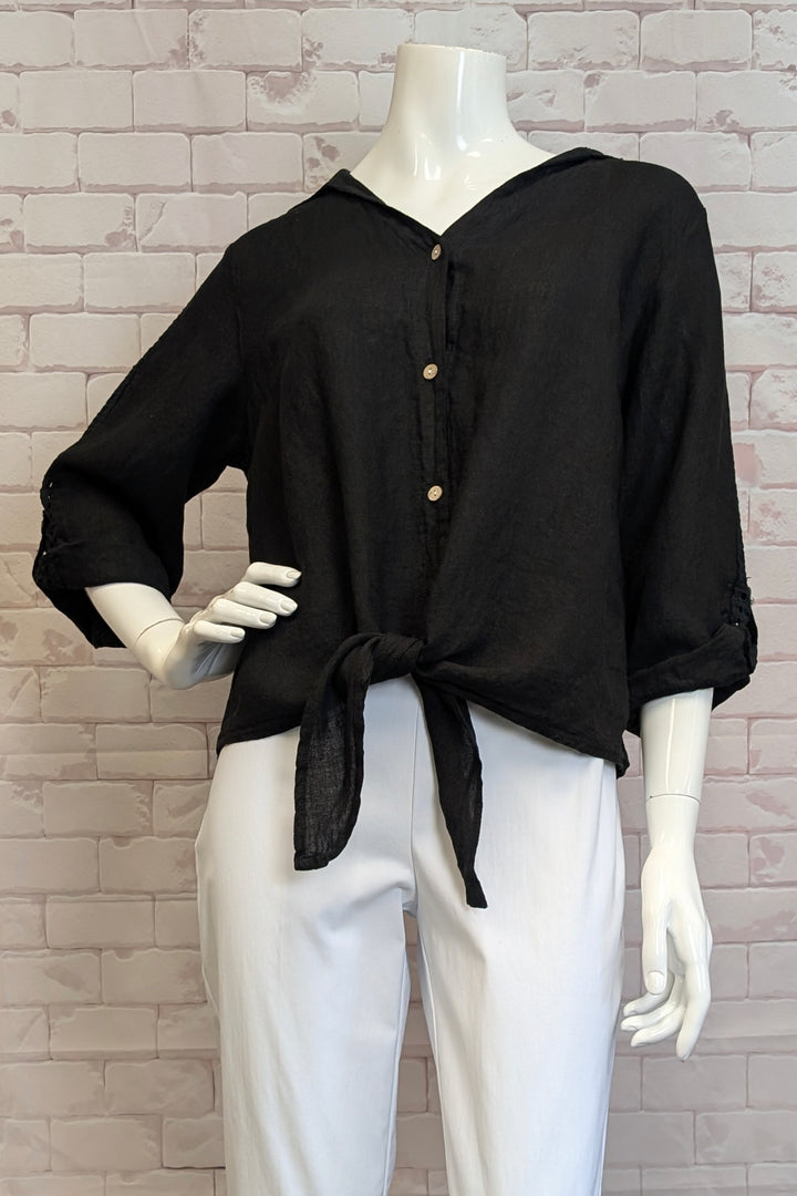 LINEN TIE FRONT BLOUSE WITH EYELET