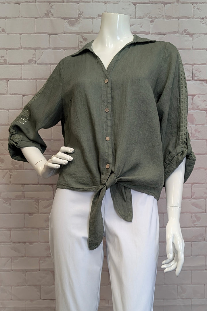 LINEN TIE FRONT BLOUSE WITH EYELET