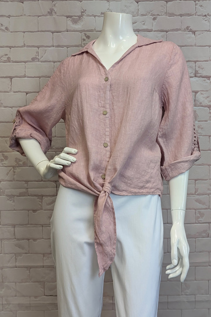LINEN TIE FRONT BLOUSE WITH EYELET