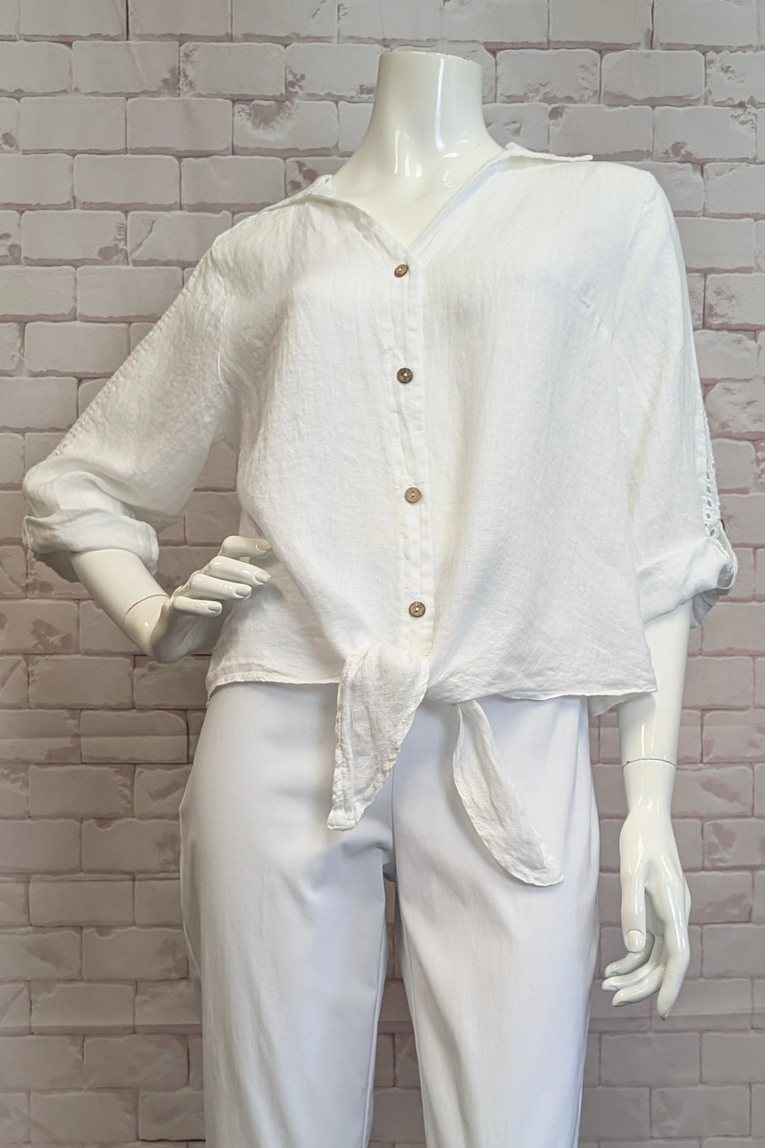 LINEN TIE FRONT BLOUSE WITH EYELET