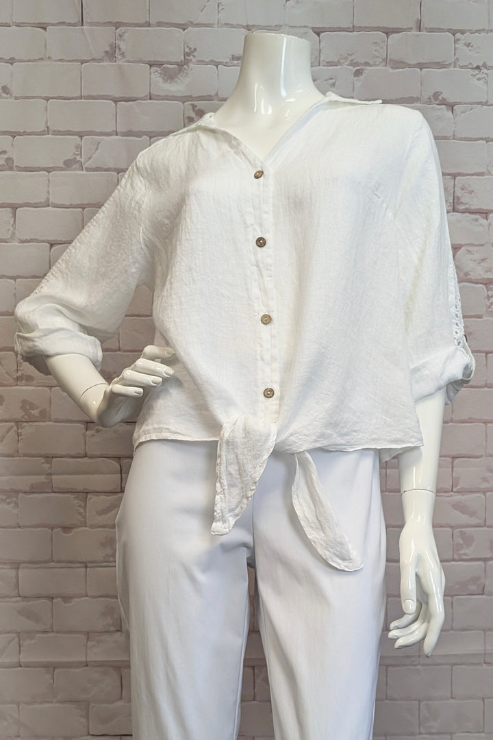 LINEN TIE FRONT BLOUSE WITH EYELET
