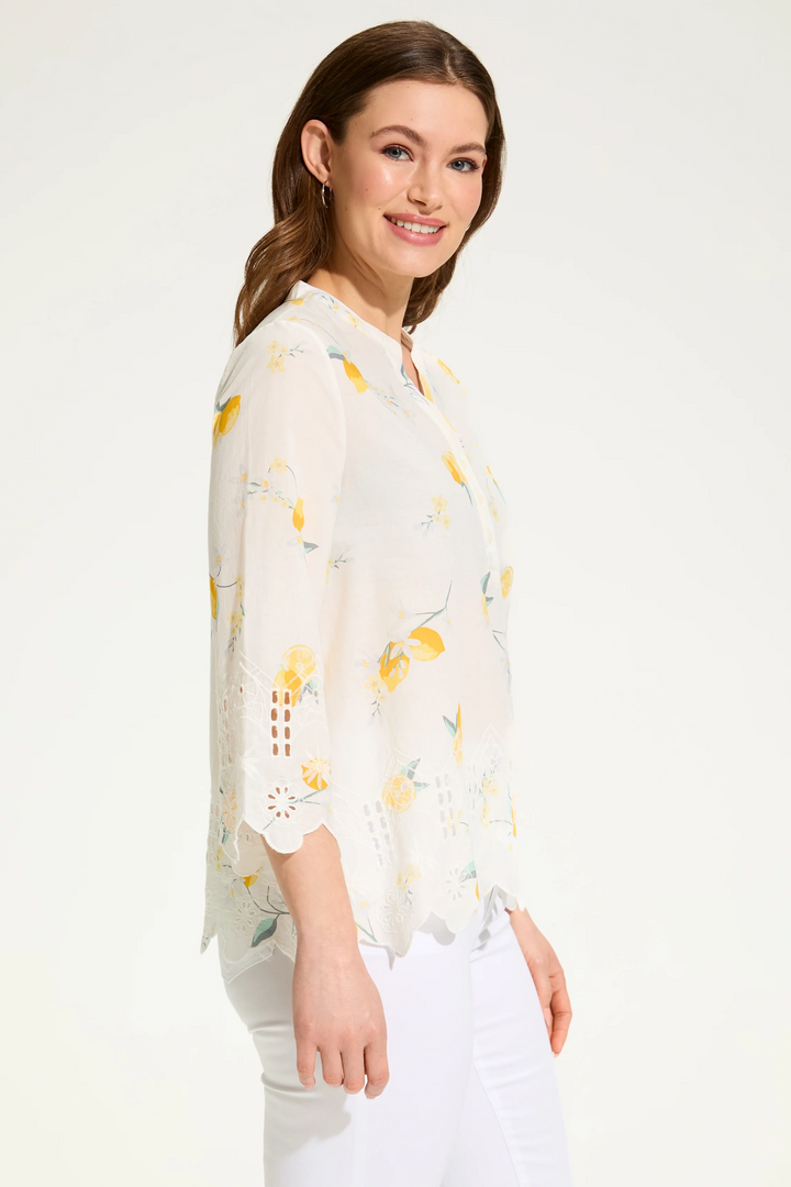 LEMON PRINT EYELET HEM BLOUSE