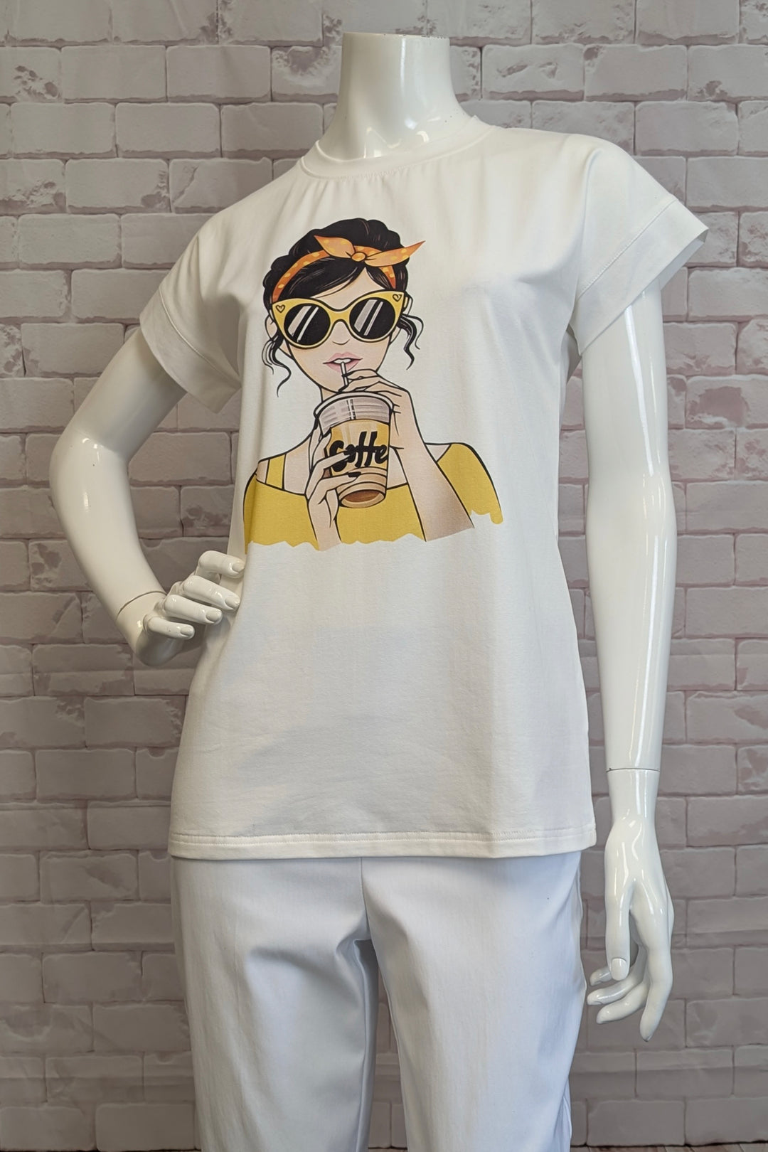 MINKAS Spring 2025 The double-stitched hem adds durability, while the charming girl with a coffee motif brings a fun, simple vibe to your casual look.