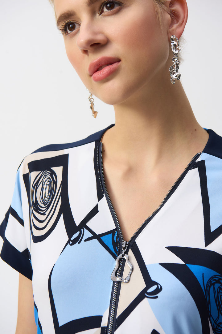 GEO PRINT ZIP NECK TOP