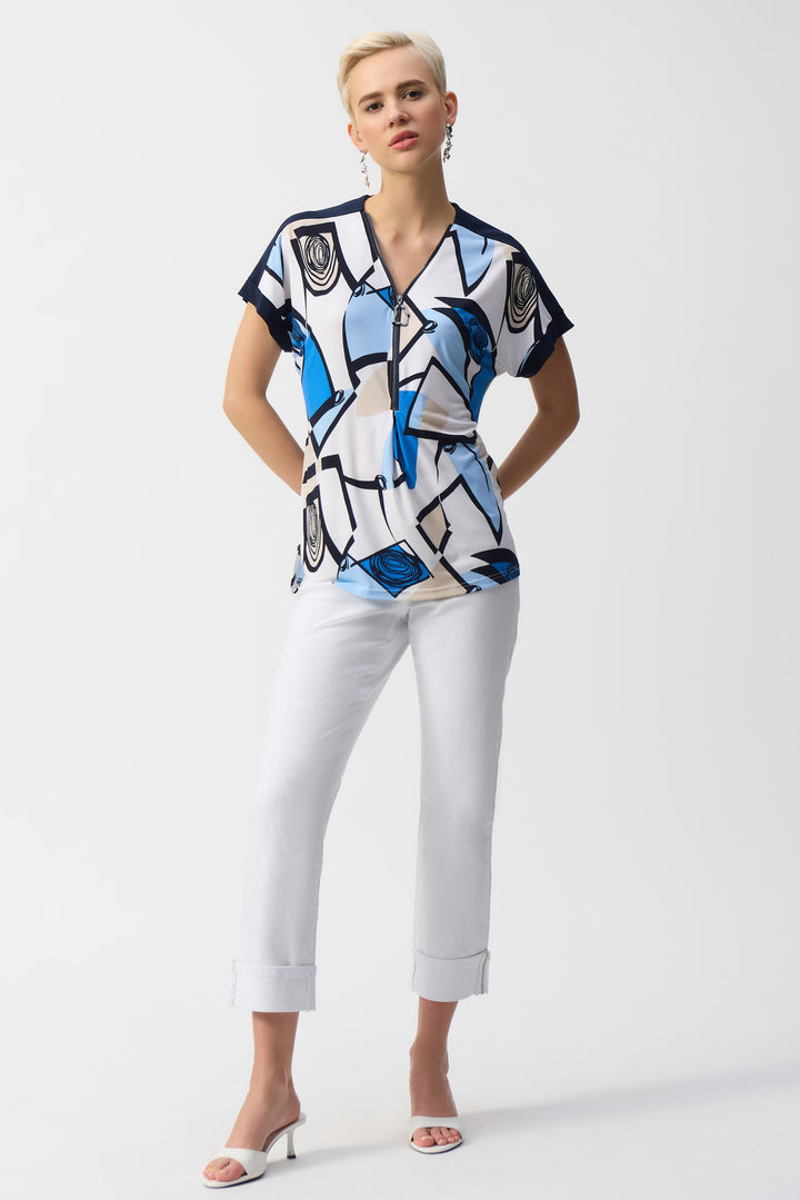 GEO PRINT ZIP NECK TOP