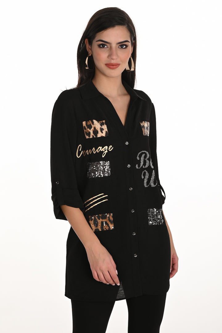Frank Lyman Fall 2025 It features rolled 3/4 length sleeves with button tabs, a classic wide collar and an elongatted silhouette to make this tunic a staple in your spring and summer closet.