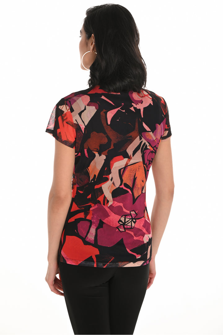 ABSTRACT FLORAL SS MOCK NECK TOP