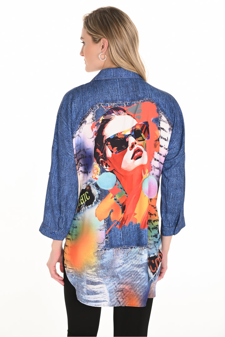 BLUE ORANGE FACE PRINT TUNIC BLOUSE