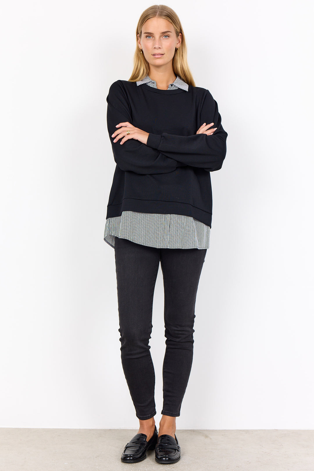 BLACK FOOLER TOP WITH SHIRT COLLAR