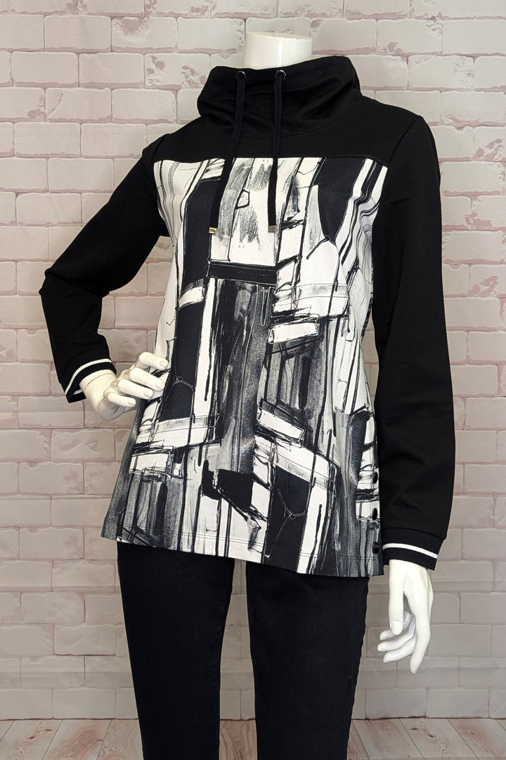 BAISTI BLACK WHITE LS DRAWSTRING NECK TOP