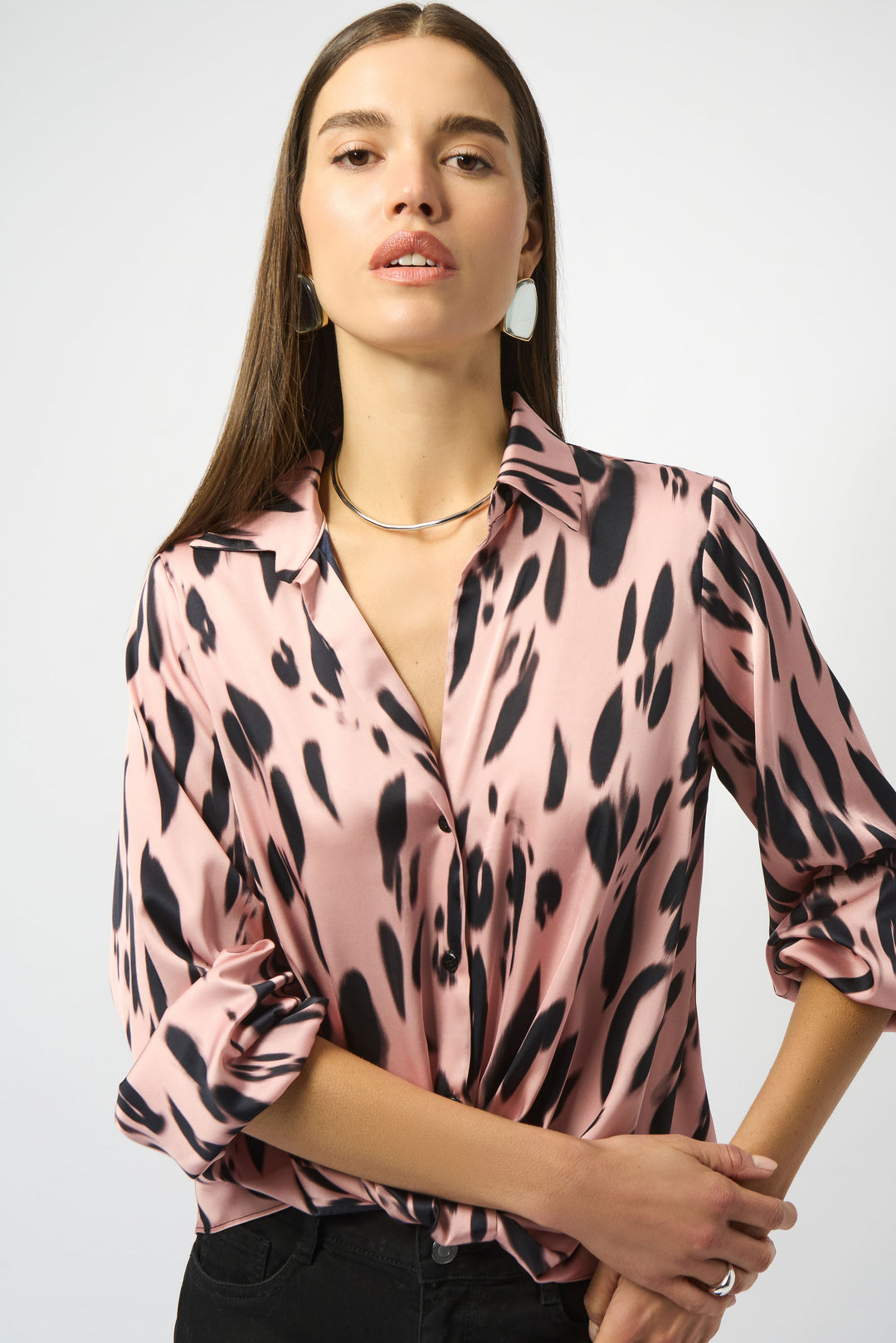 PINK BLACK SATIN ANIMAL TWIST FRONT BLOUSE