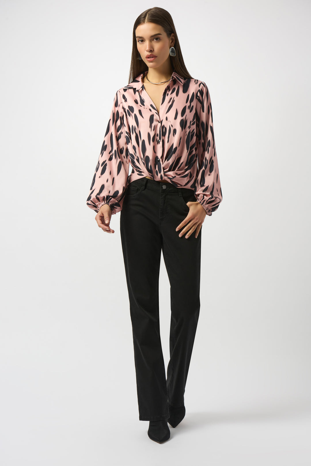 PINK BLACK SATIN ANIMAL TWIST FRONT BLOUSE