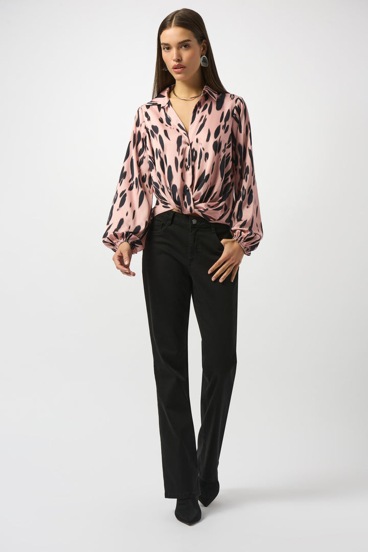 PINK BLACK SATIN ANIMAL TWIST FRONT BLOUSE