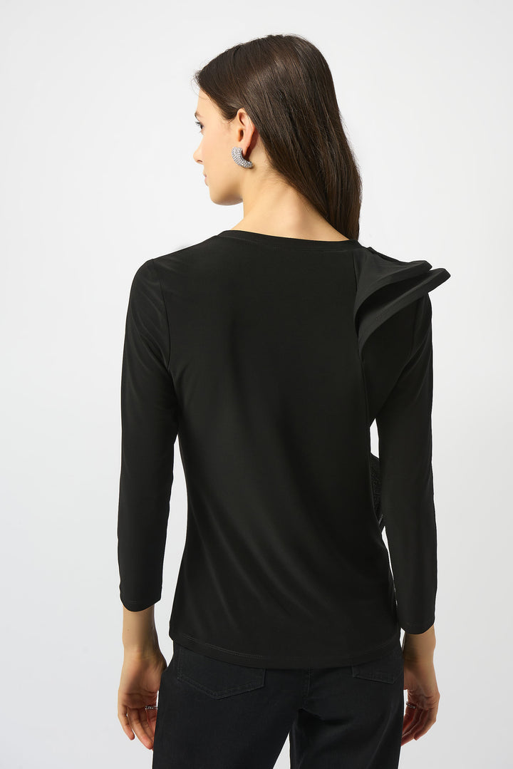BLACK 3/4 SLEEVE TOP WITH RUFFLE DETAIL