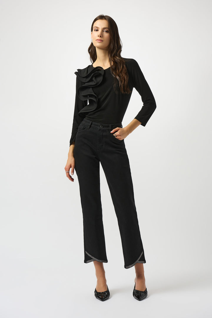 BLACK 3/4 SLEEVE TOP WITH RUFFLE DETAIL