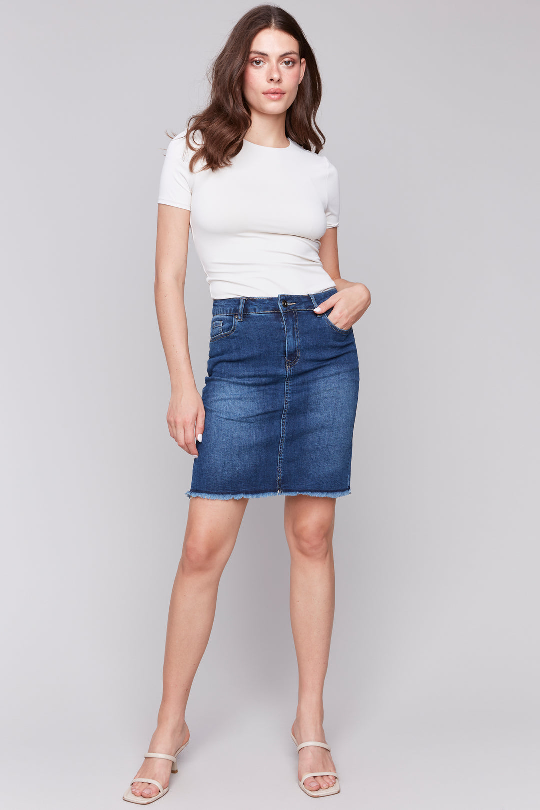 FRAYED HEM DENIM SKIRT