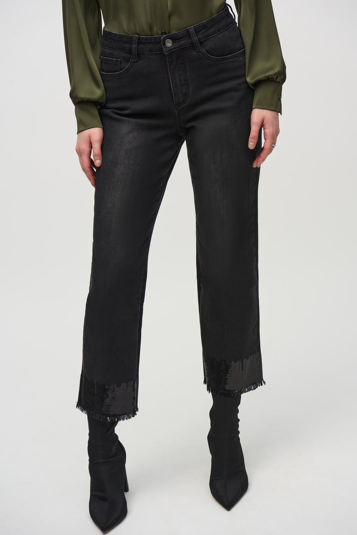 Joseph Ribkoff Fall 2024 They are a classic straight fit. The bling frayed hems are what make these jeans standout from the crowd! The soft cotton-blend fabric creates a comfy silhouette that moves with you and is perfect for all-day wear this winter.