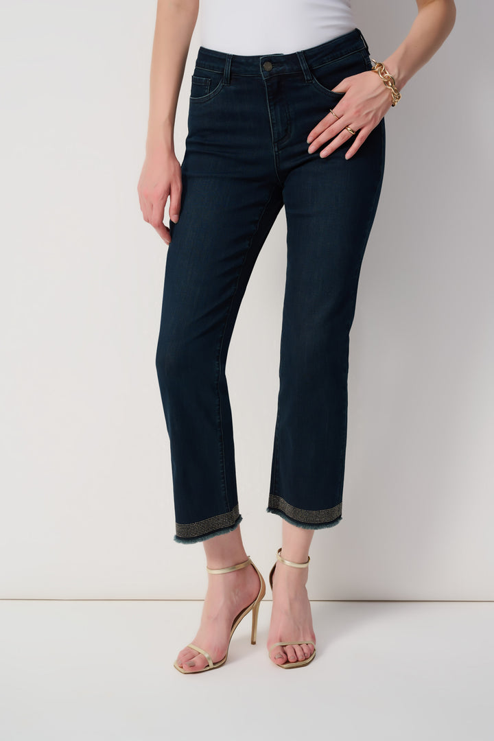 Joseph Ribkoff Spring 2025 They are a classic straight fit. The bling frayed hems are what make these jeans standout from the crowd!