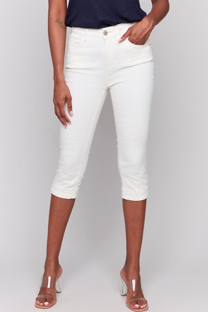 Charlie B Spring 2025 Featuring a classic 5 pocket design, these cropped slim leg cotton jeans can be dressed up or down for a casual look that is anything but ordinary.