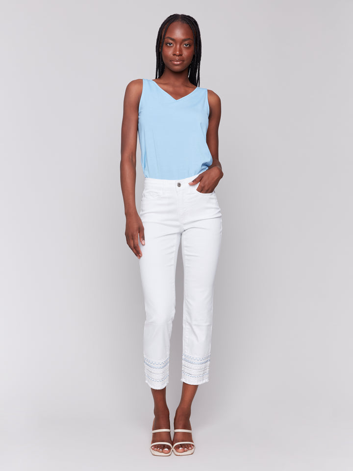 WHITE EMBROIDERED HEM JEAN