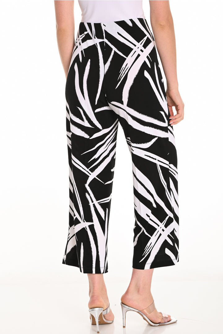 BLACK WHITE ABSTRACT PALM WIDE LEG CROP PANT