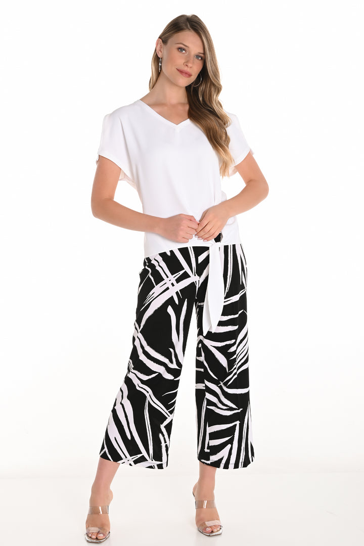 BLACK WHITE ABSTRACT PALM WIDE LEG CROP PANT