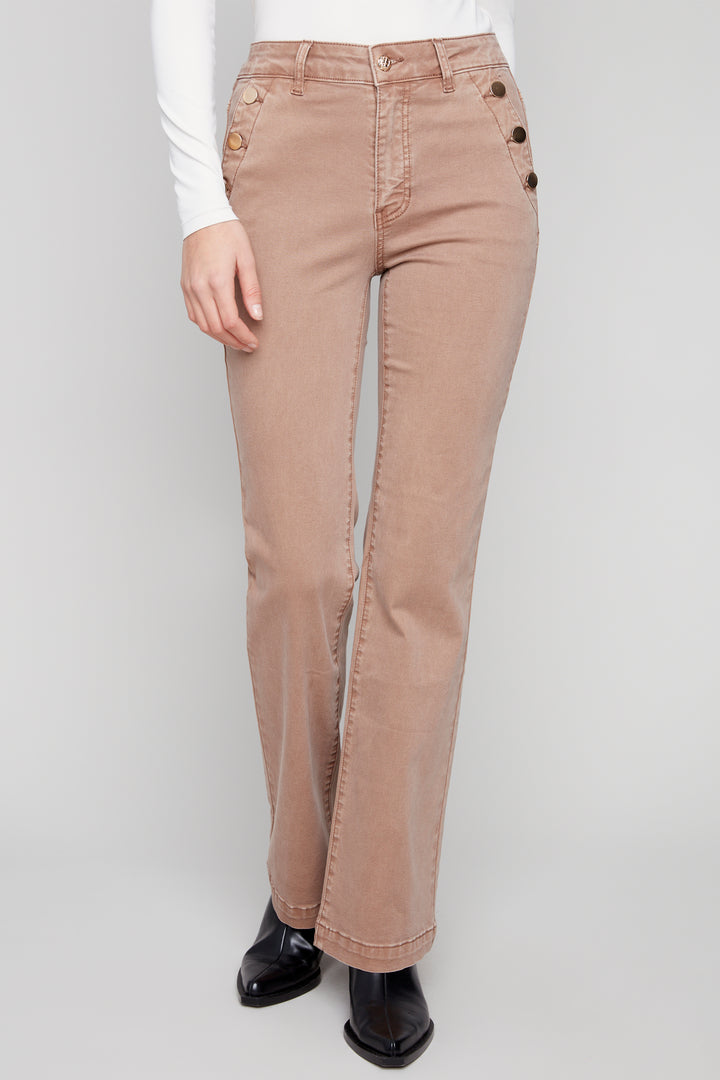 Charlie B Fall 2025 
The modern flare hem design adds a stylish twist to the classic twill pant. With a regular rise and front button pockets, these jeans are both functional and trendy.
