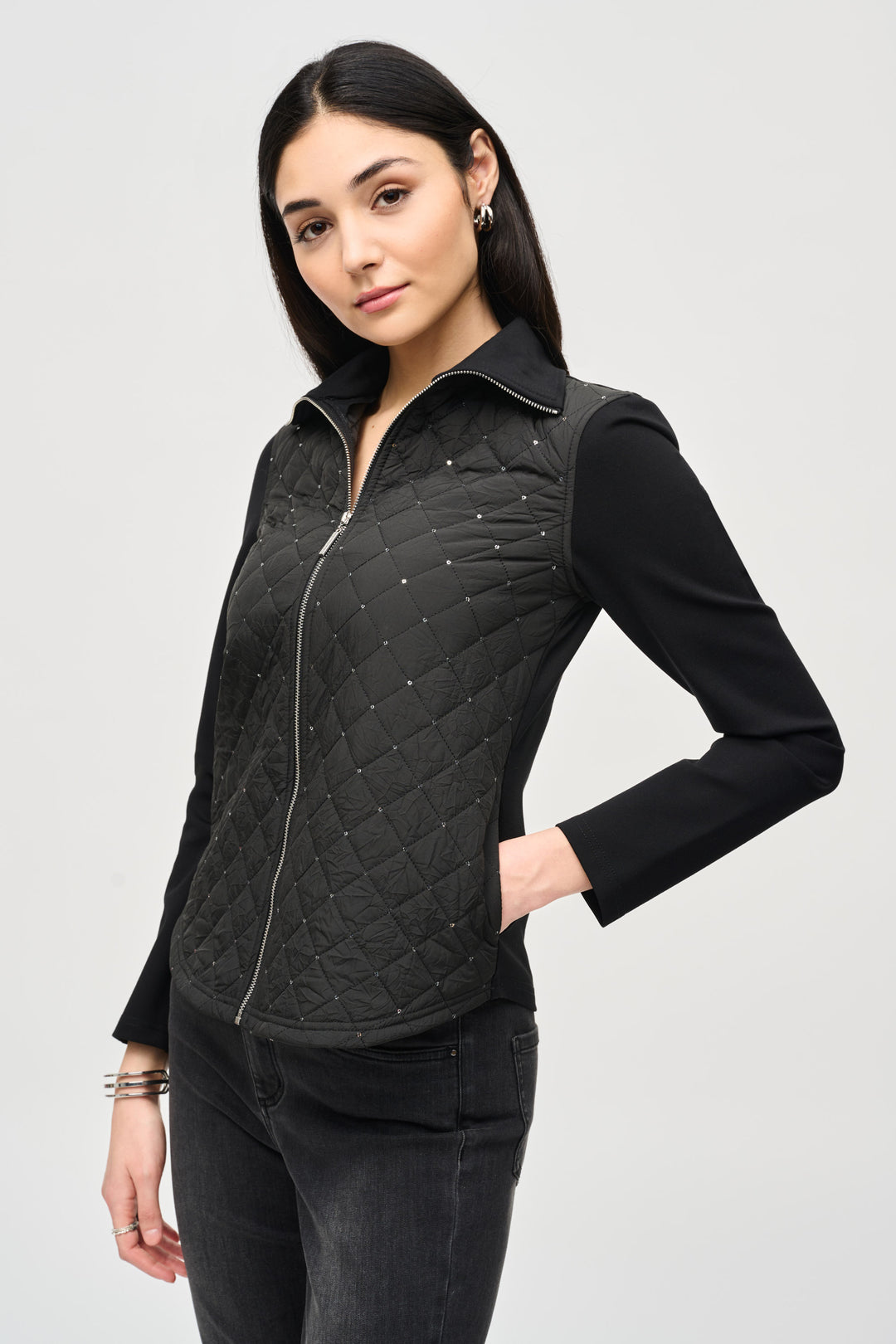 Joseph Ribkoff Fall 2024 Expertly designed for a stylish and polished look, this Diamond Quilt Front Jacket features diamond stud accents and a quilt design for added texture. 