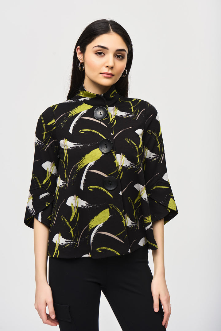 Joseph Ribkoff Fall 2024  The stand up collar and 3/4 length cuffed sleeves add a touch of sophistication, while the stunning abstract print and 3 button design elevate this jacket to a whole new level! 