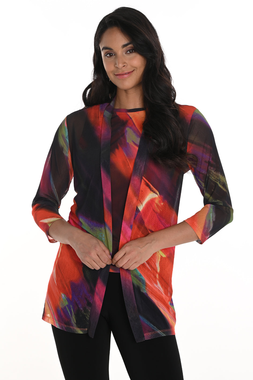 Frank Lyman Spring 2025 Made from ultra light and airy mesh fabric, this versatile piece can be dressed up or down, you choose! Its bright and colourful design will make a statement, while the simple cut jacket style keeps it effortlessly chic.