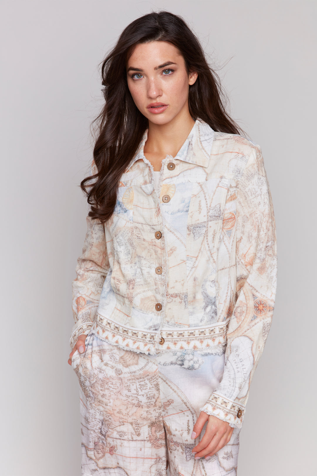 Charlie B Spring 2025 The cool atlas map print will make you stand out in any crowd! Made of lightweight linen, it features a classic collar and front buttons for a timeless style.