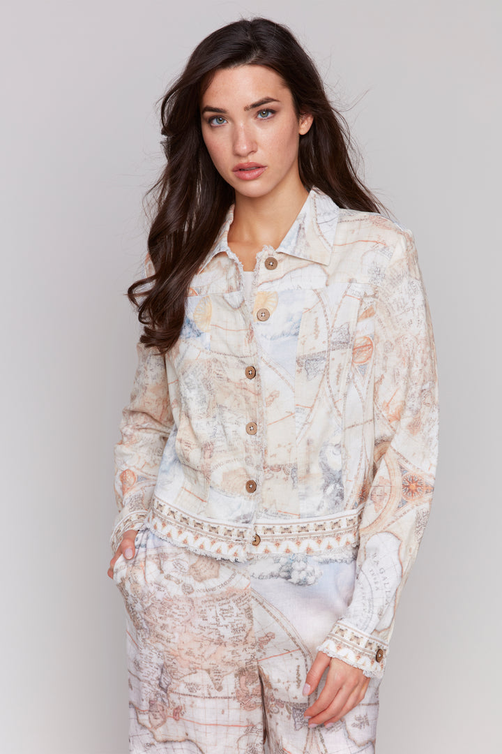 Charlie B Spring 2025 The cool atlas map print will make you stand out in any crowd! Made of lightweight linen, it features a classic collar and front buttons for a timeless style.
