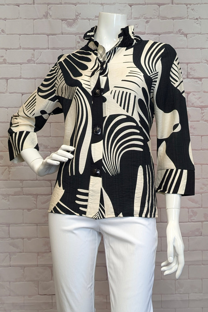 VARIATIONS Spring 2025  This versatile piece doubles as a top, with 3/4 length sleeves and a high crinkle or classic neck. 