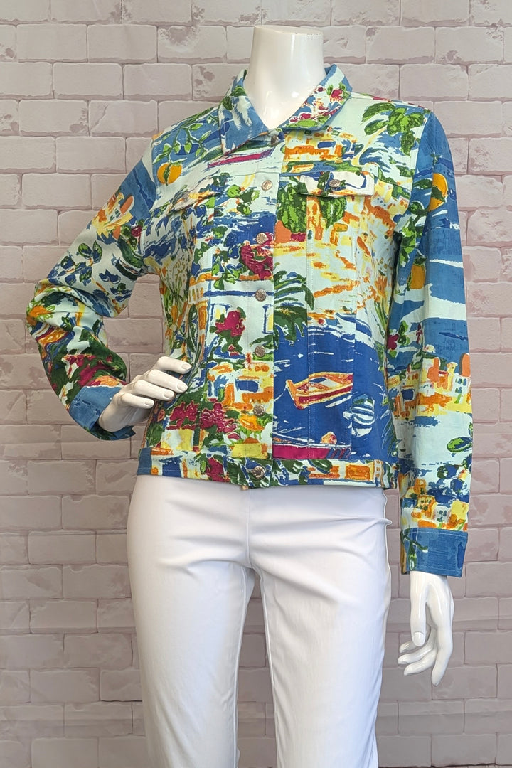 ORIENTIQUE Spring 2025  Made from an organic cotton blend, this jacket features a classic jean jacket design with a soft and stretchy feel. Stand out with the neat Havana street print all-over and a pop of so much colour! 