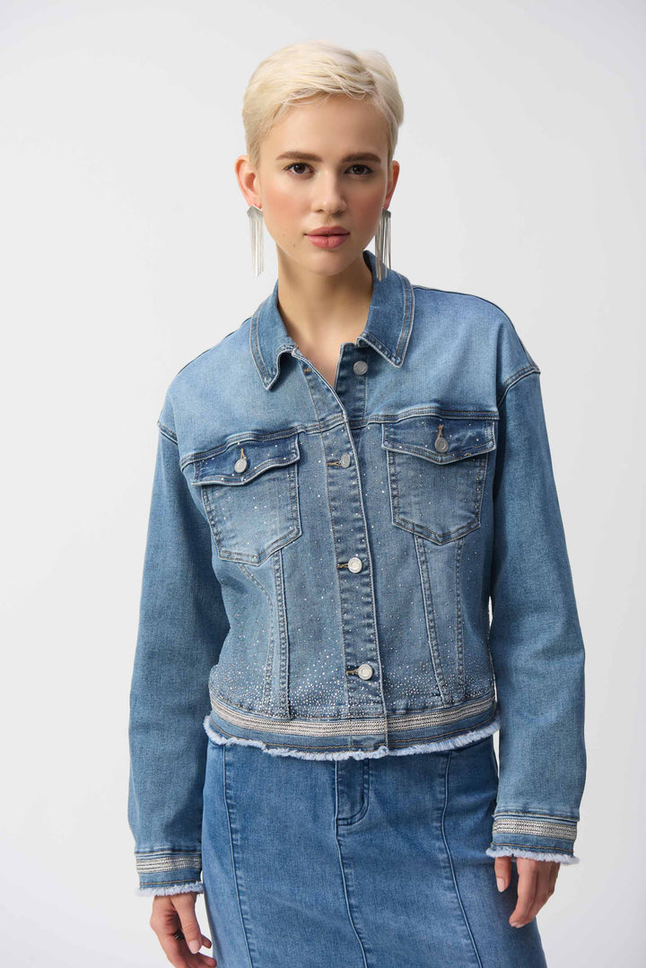 RHINESTONE JEAN JACKET WITH EMBROIDERY