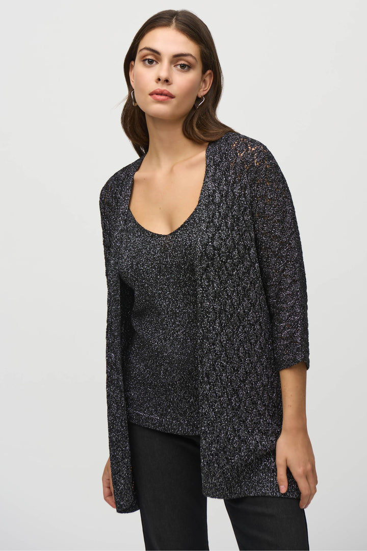 Joseph Ribkoff Fall 2024 This amazing two-piece set offers elegance and glamour: the stylish metallic knit tank top features a wide cut v-neck on the front and back for a stunning look. The cozy cardigan&nbsp; provides a fashionable twist and adds the perfect finishing touch to your outfit.