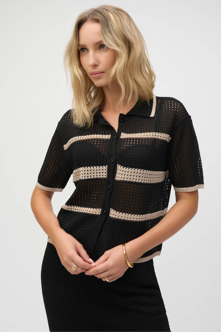 Joseph Ribkoff Spring 2025 This versatile piece features a classic shirt collar and stitching detail perfect for layering. Keep it open or button it up, and pair it with dresses, skirts, or dress pants.