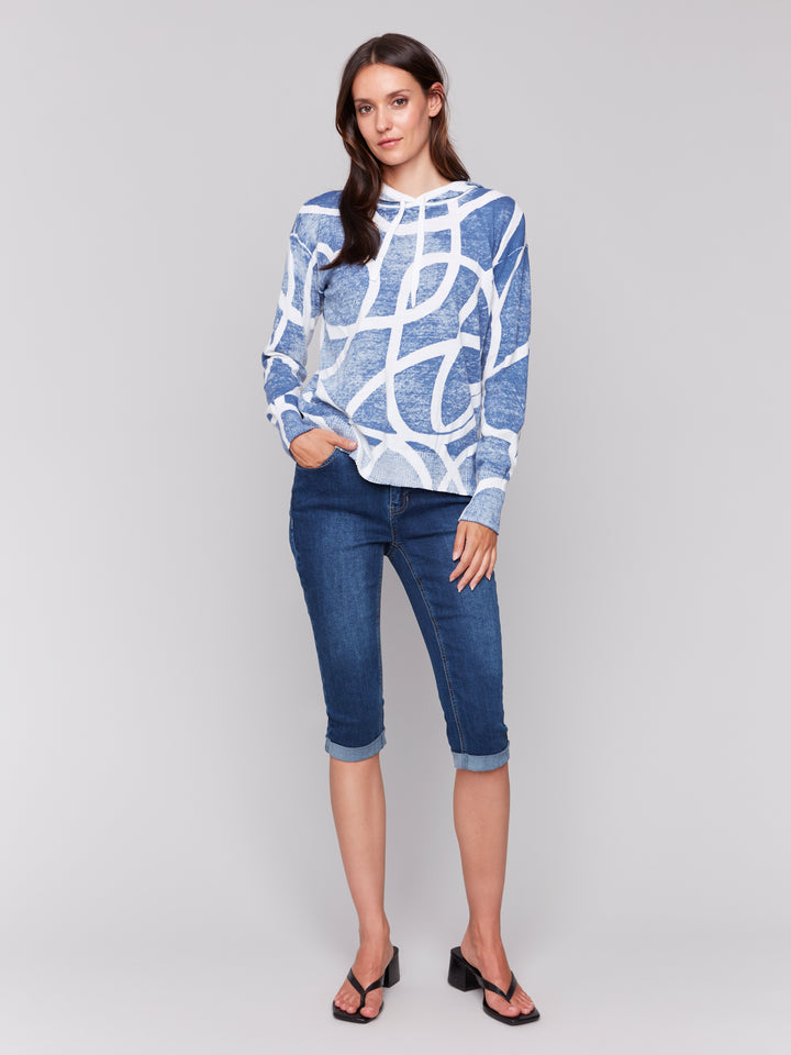 DENIM SWIRL PRINT HOODIE TOP