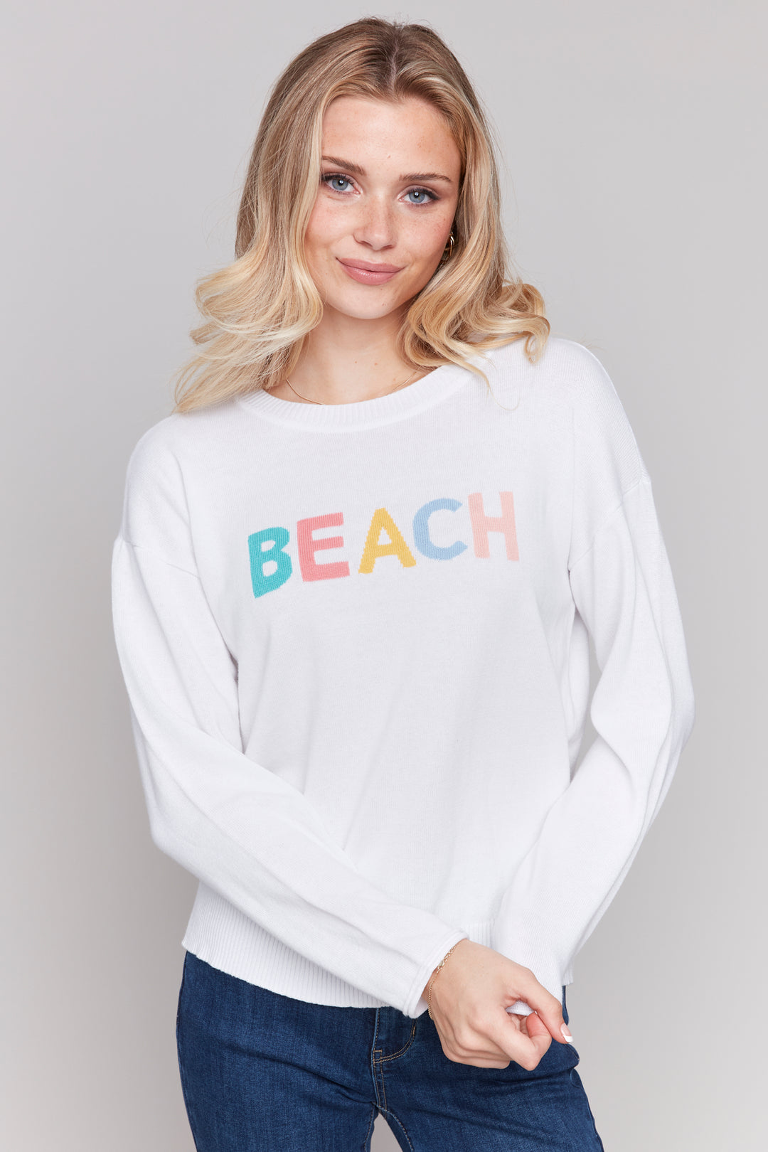 Charlie B Spring 2025 Its soft, lightweight design features a crew neck and a colour block print pattern that makes a playful seashore&nbsp; statement!