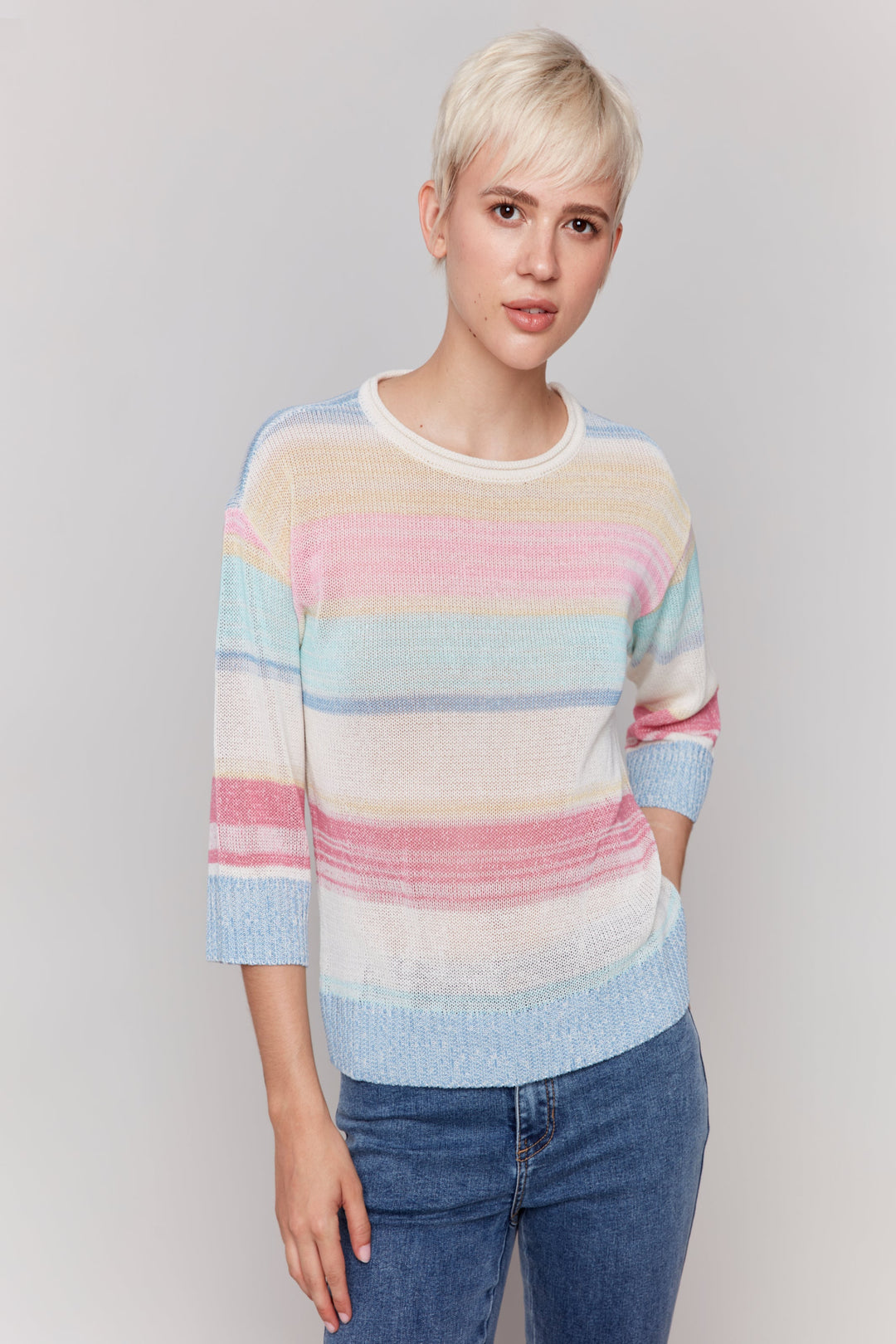 Charlie B Spring 2025 Featuring a contrast hem and neckline, this jersey sweater top is perfect for spring! Its 3/4 length sleeves and fun stripe pattern make it versatile for any occasion