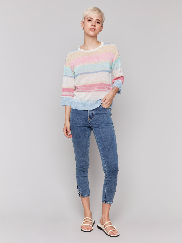 PASTEL MULTI STRIPE 3/4 SLEEVE TOP