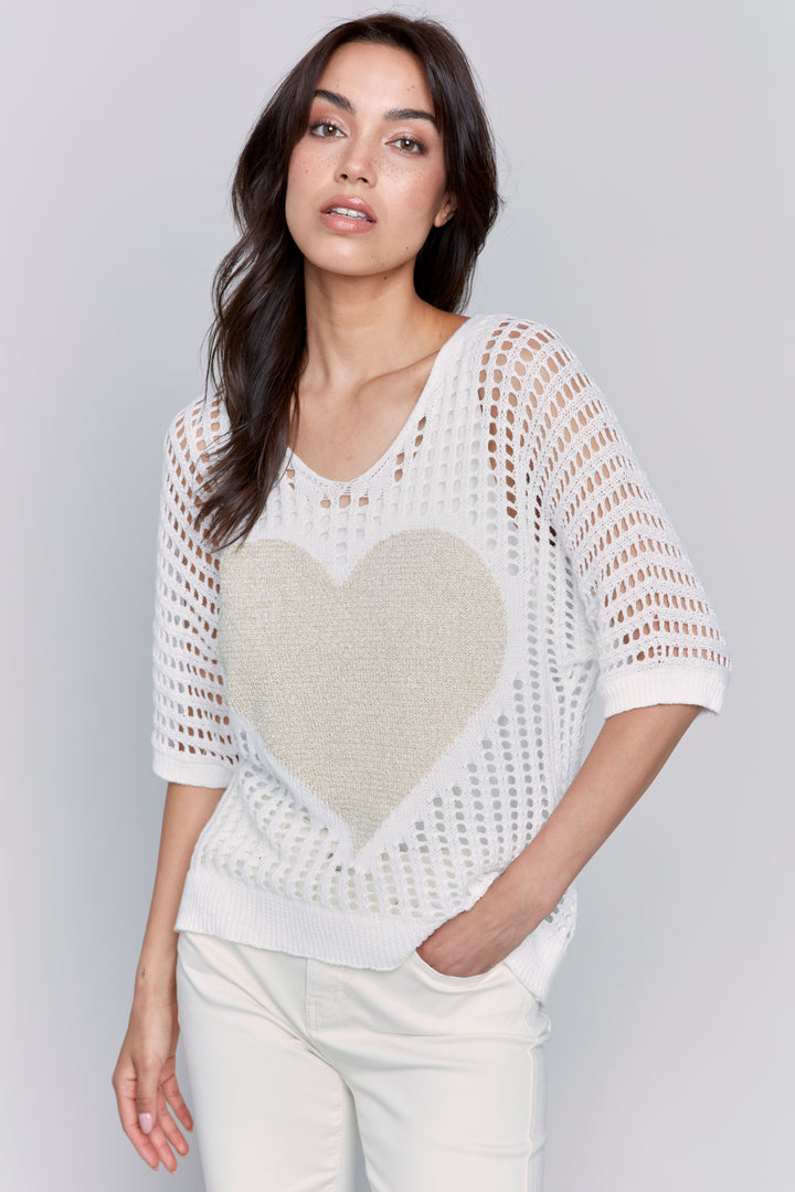 WHITE CROCHET TOP WITH GOLD HEART