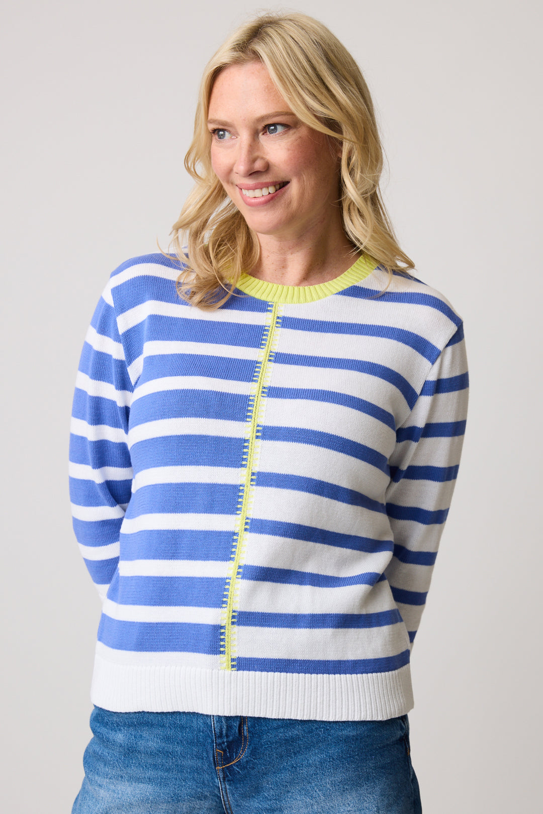 PARKHURST Spring 2025 This lightweight, all-cotton sweater features a neat color-contrast crew neck and bold striped pattern on the front and back.